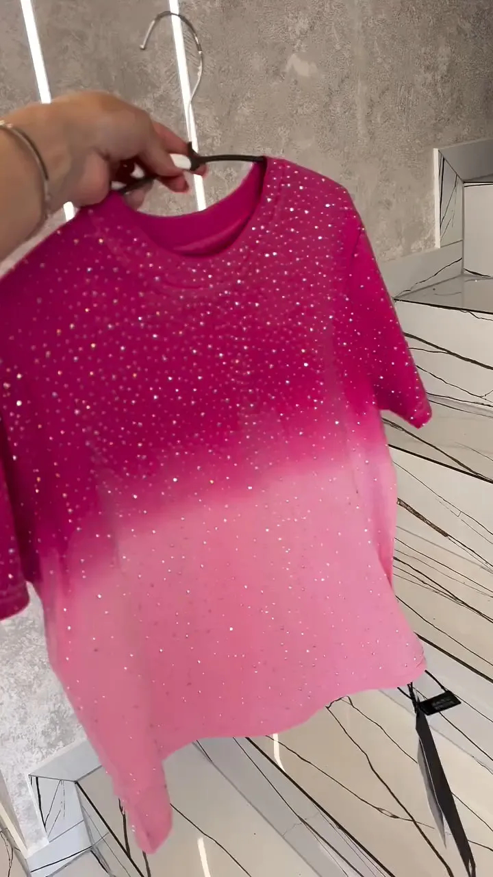Women's Round Neck Rhinestone Gradient Casual Top