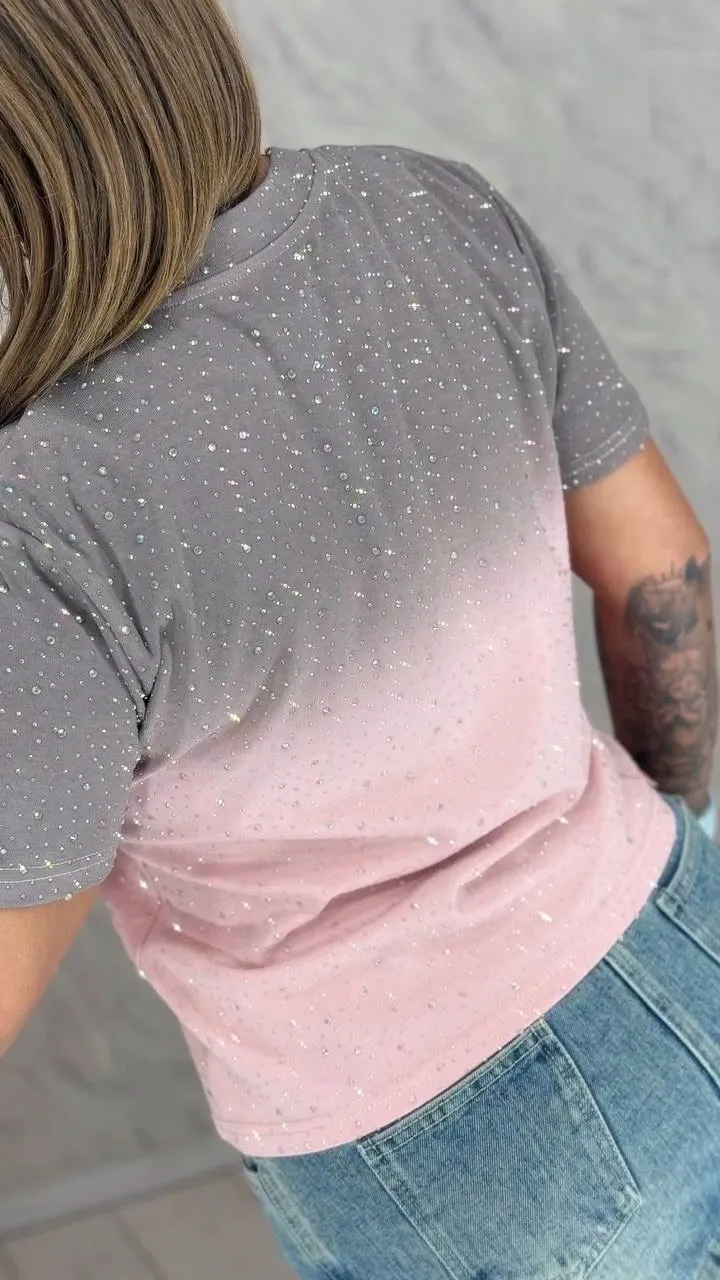 Women's Round Neck Rhinestone Gradient Casual Top