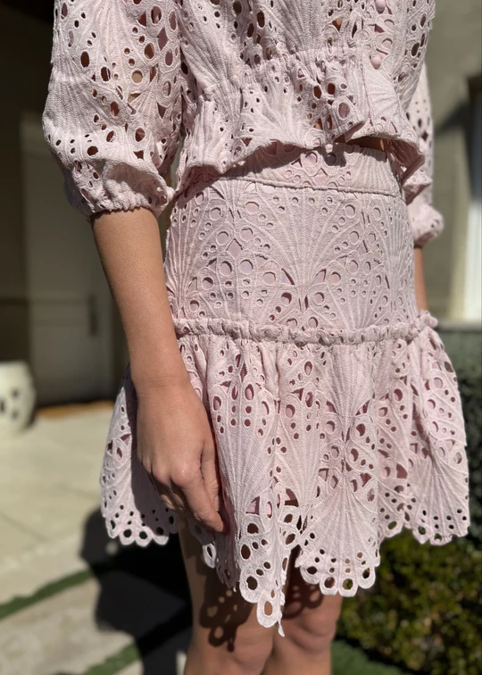 Sibel Light Pink Lace Drop Waist Scalloped Hem Mini Skirt