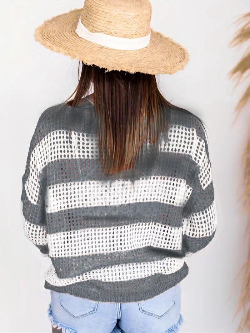 Striped Print Hollow Drop Shoulder Long Sleeve Boat Neck Jumper