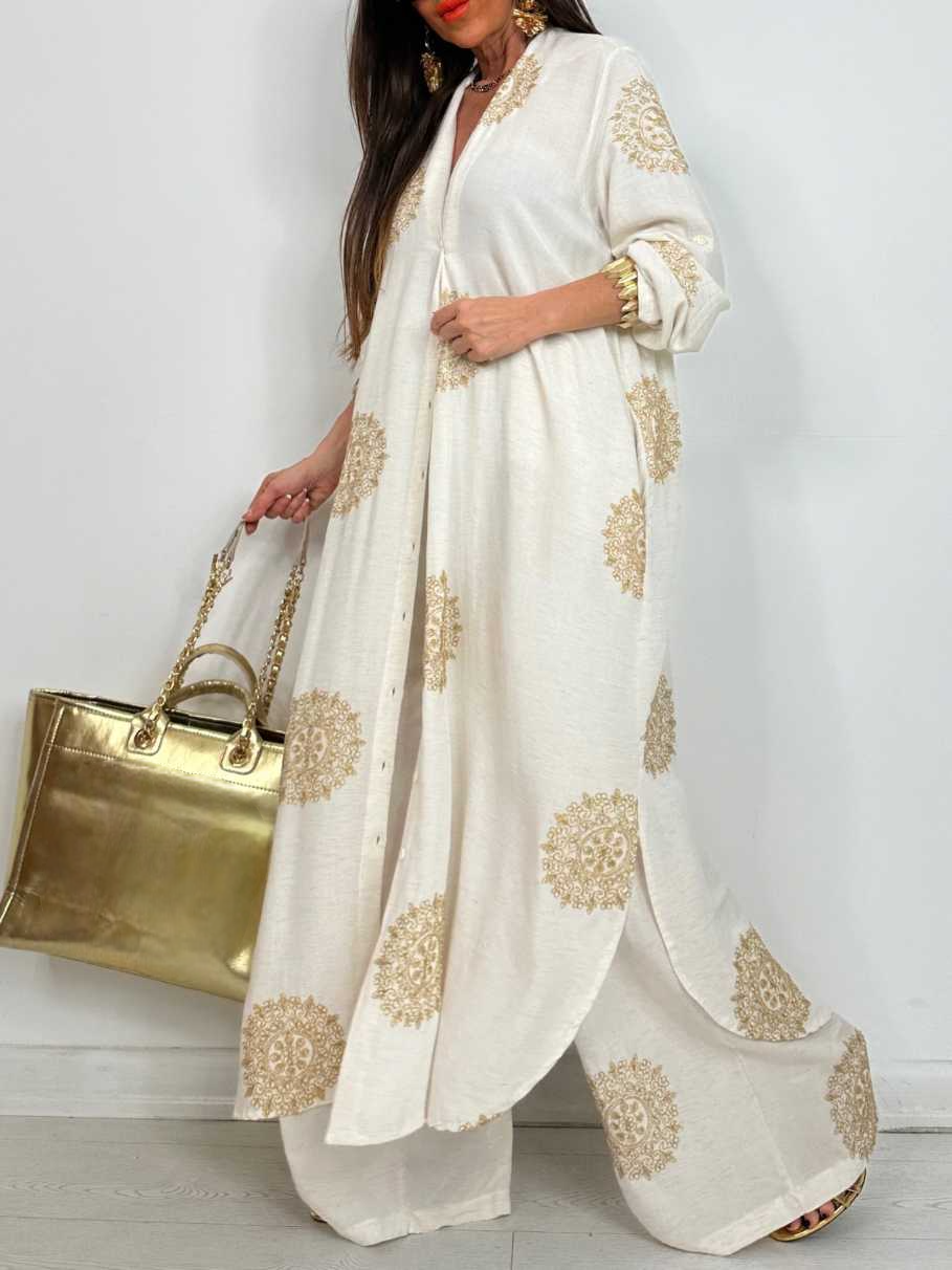 Embroidered Shirt Midi Top And Wide-Leg Pants Set