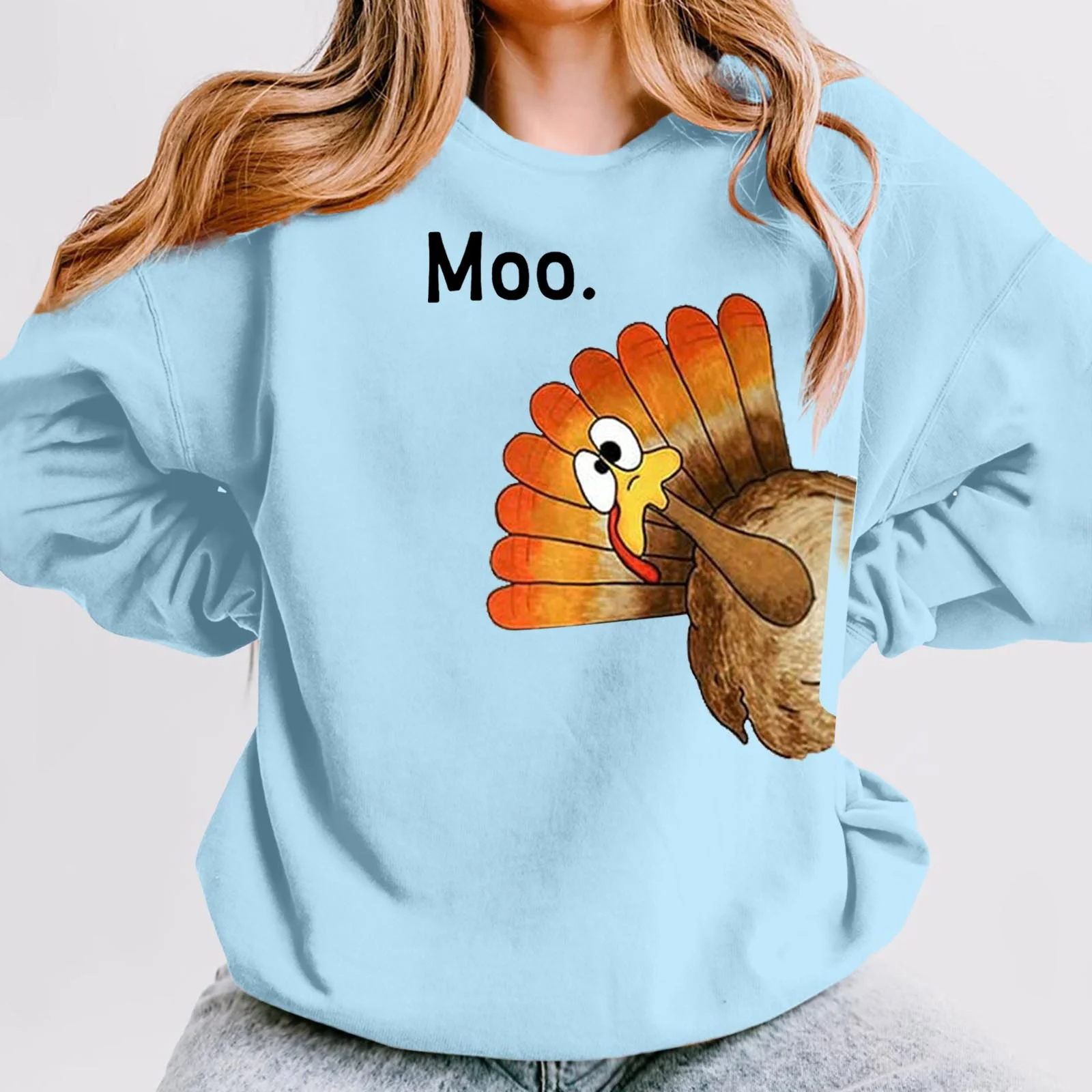  Womens Crweneck Sweatshirts Thanksgiving Funny Moo Turkey Print Pullover 