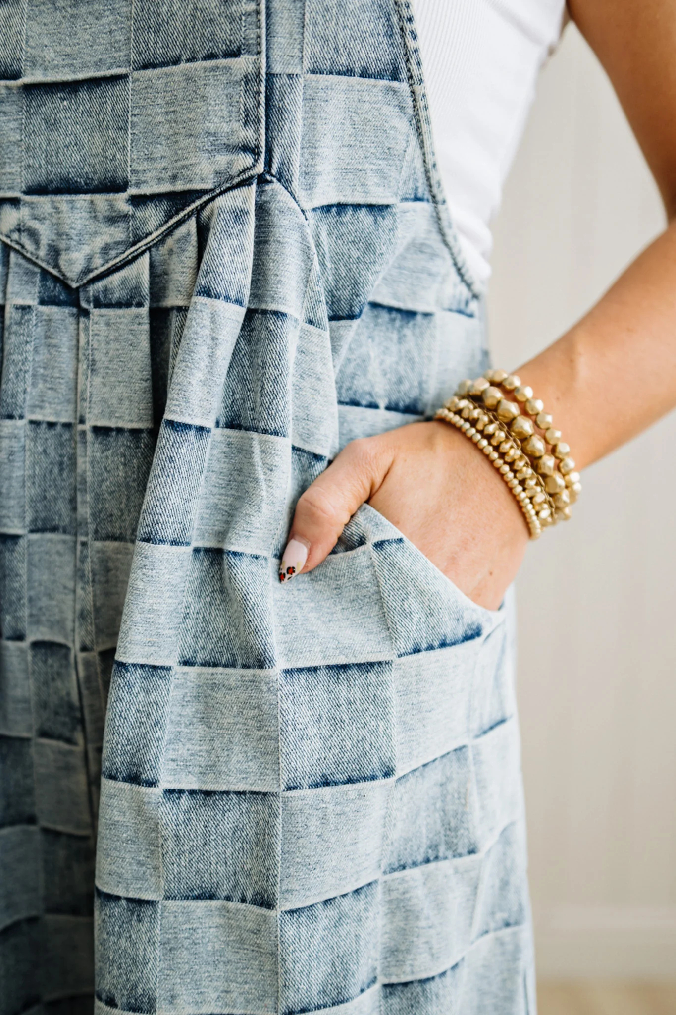 Checked Denim Wide Leg Overalls