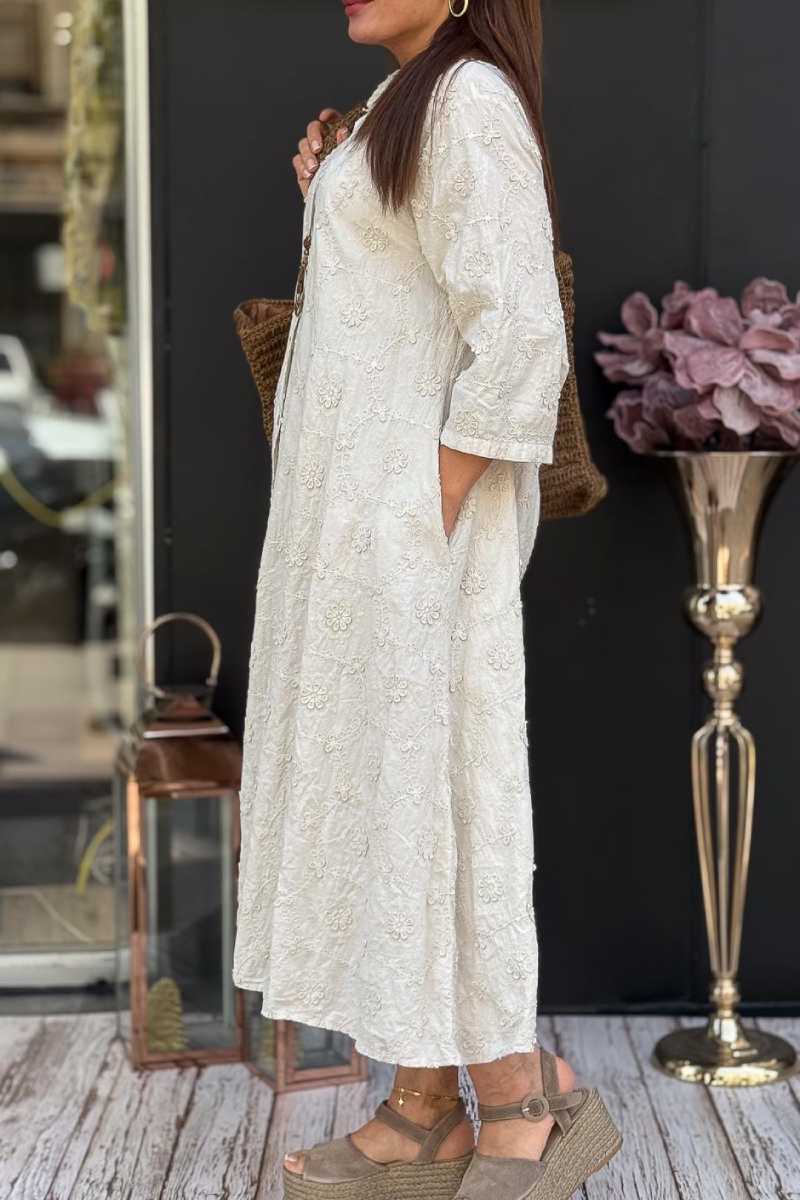 Embossed Floral Detailed Full Length Cotton Shirt Dress