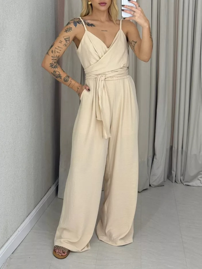 V-Neck Chic and Comfortable Strappy Wrap Tie Jumpsuit