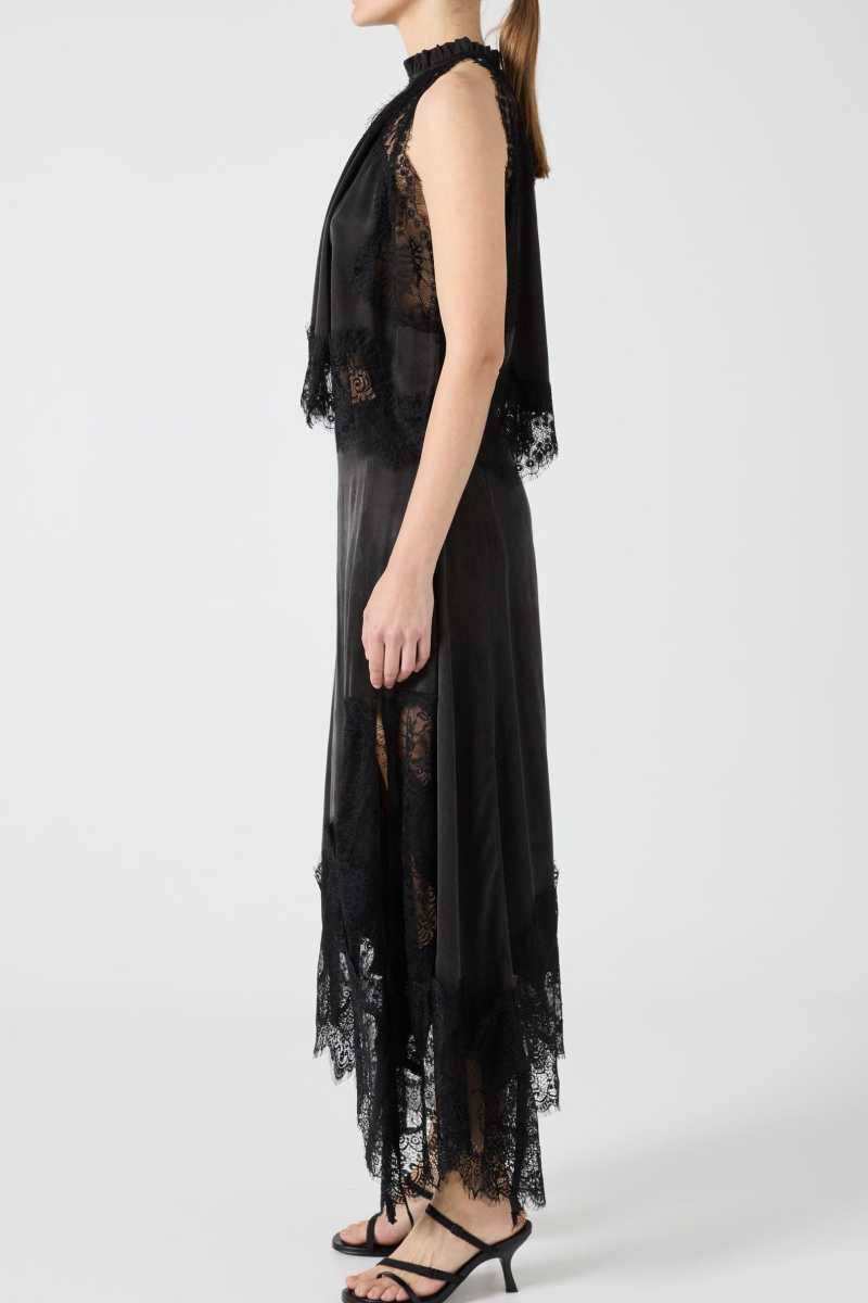 Lace Trim Midi Skirt Set with Sleeveless Halter Neck Top
