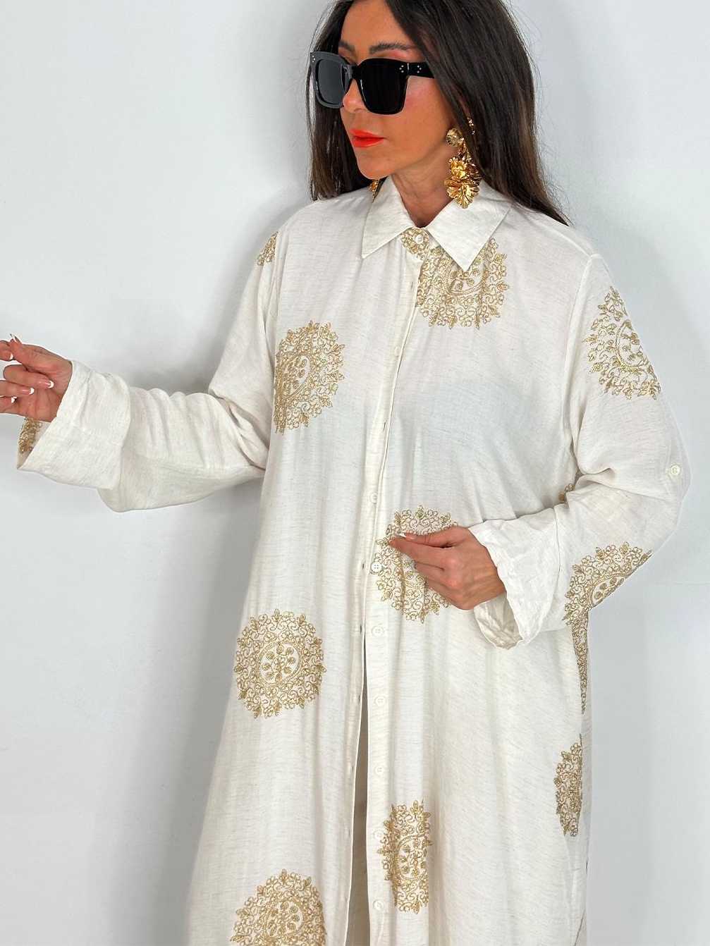 Embroidered Shirt Midi Top And Wide-Leg Pants Set