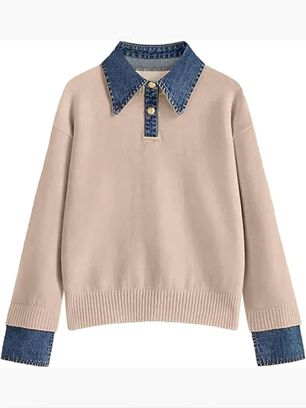 Women Laple Collar Denim Patchwork Sweater Casual Top