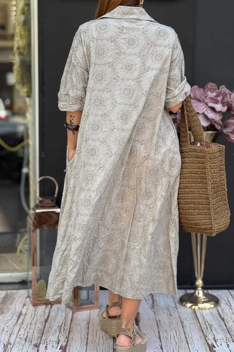 Embossed Floral Detailed Full Length Cotton Shirt Dress
