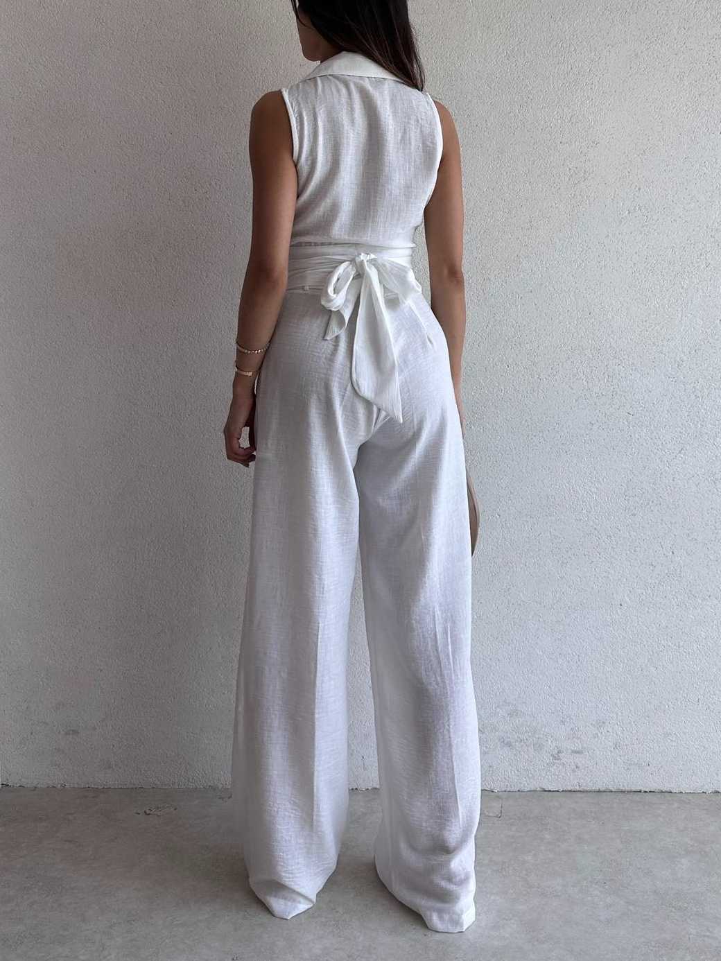 Sleeveless Wrap Top and Wide-Leg Pants Casual Suit