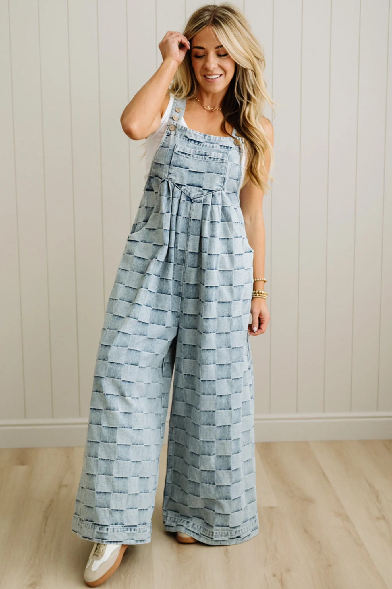 Checked Denim Wide Leg Overalls