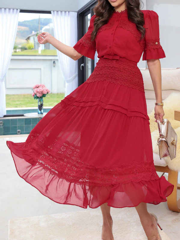 Flowy Chiffon Midi Dress with Delicate Lace Detailing