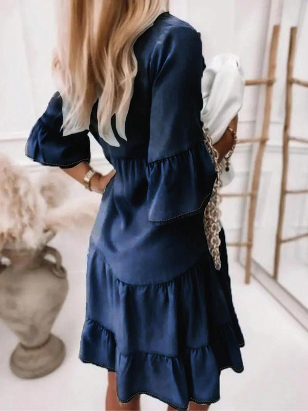 Denim-effect Print Ruffle Trim V Neck Dress