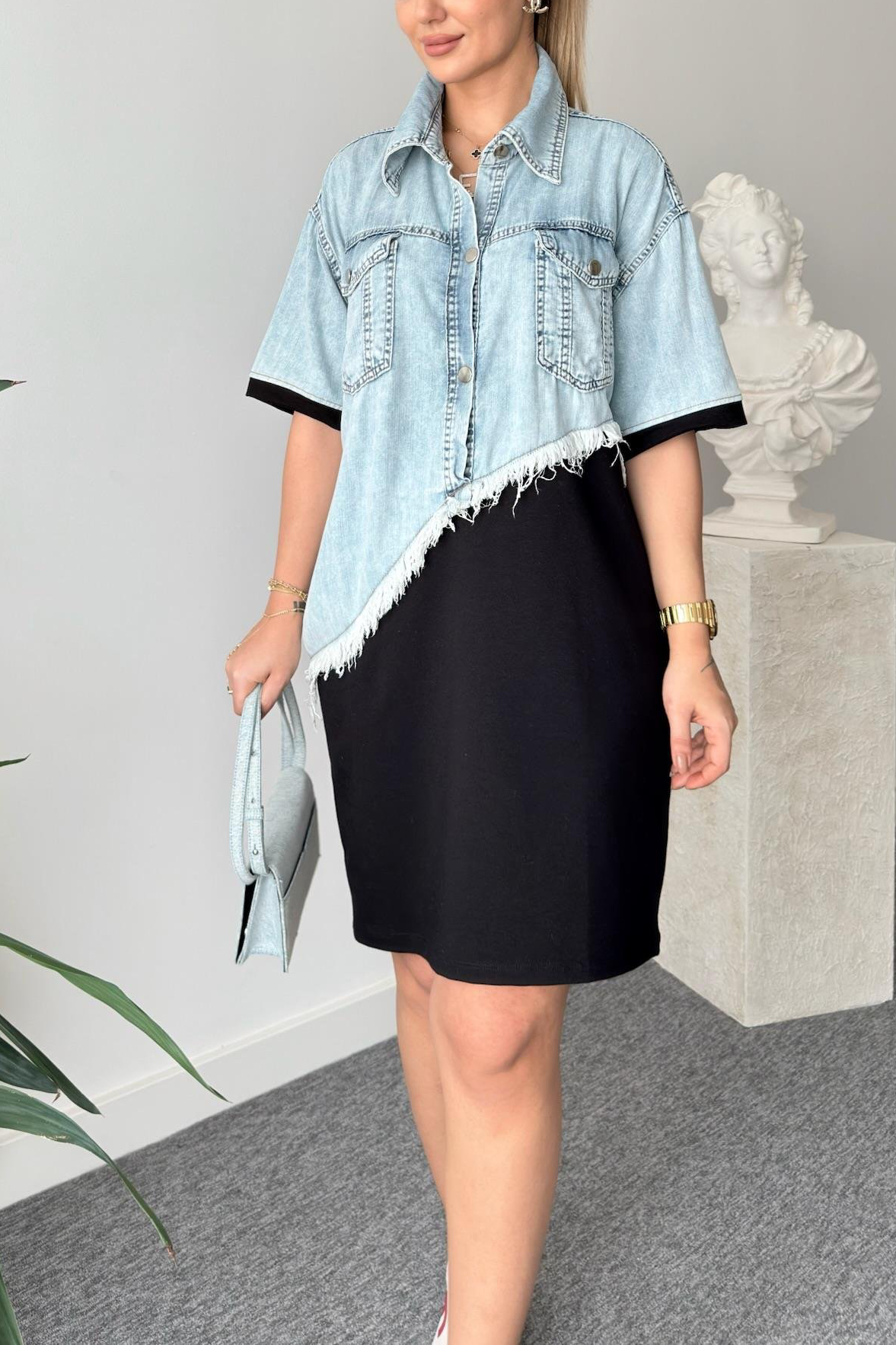 Chic Oversized Two-Tone Denim and Black Dress