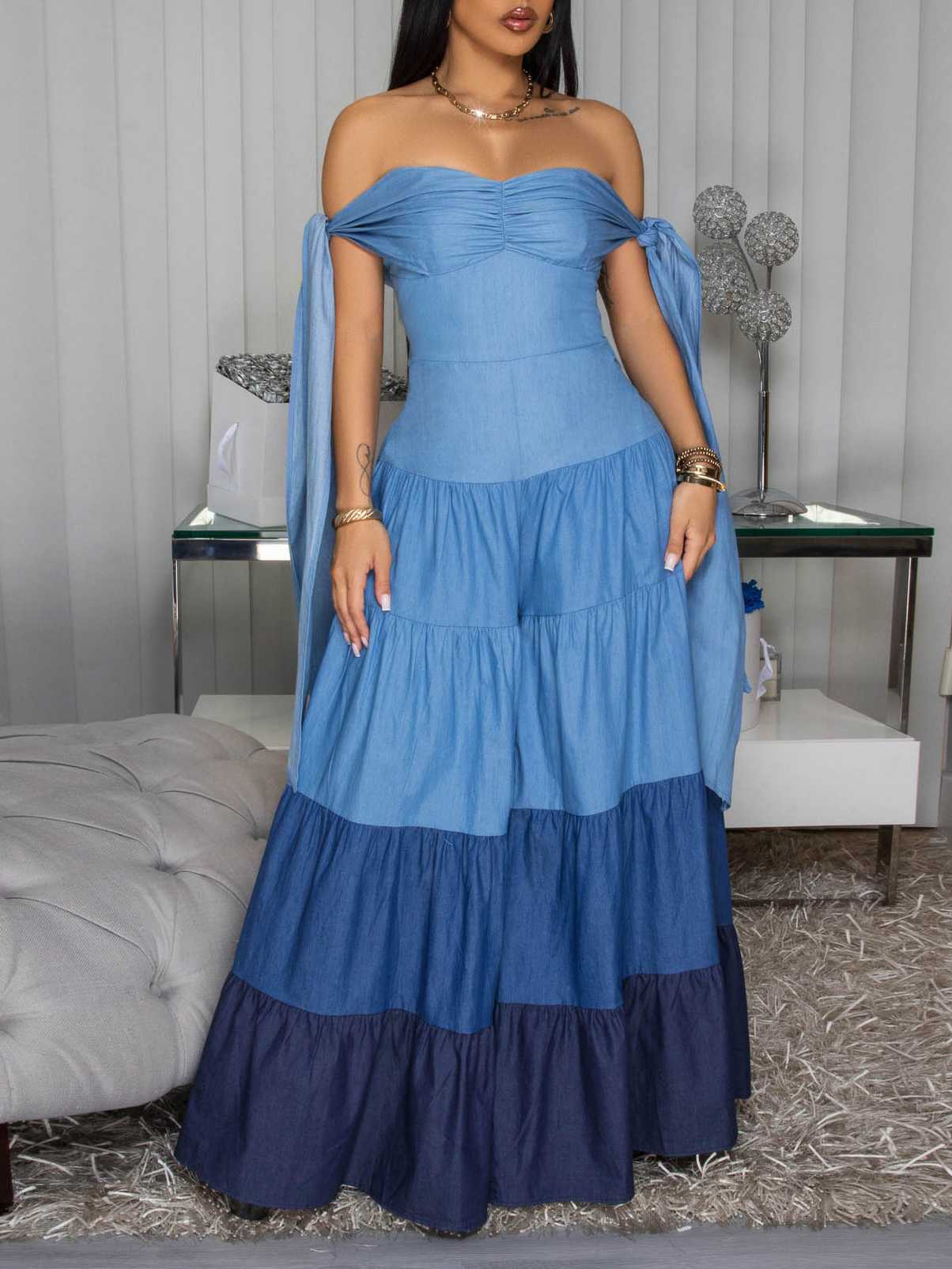 Blue Ombre Denim Strapless Jumpsuit