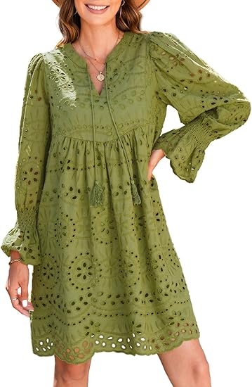 Tassel V Neck Long Sleeve A Line Hollow Out Lace Ruffle Dresses