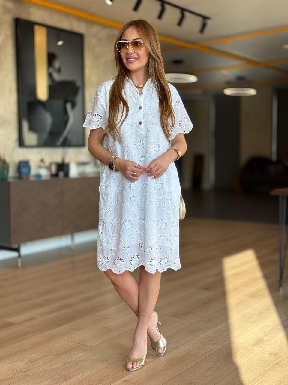 Lined Cotton Dress With Scalloped Front Neckline