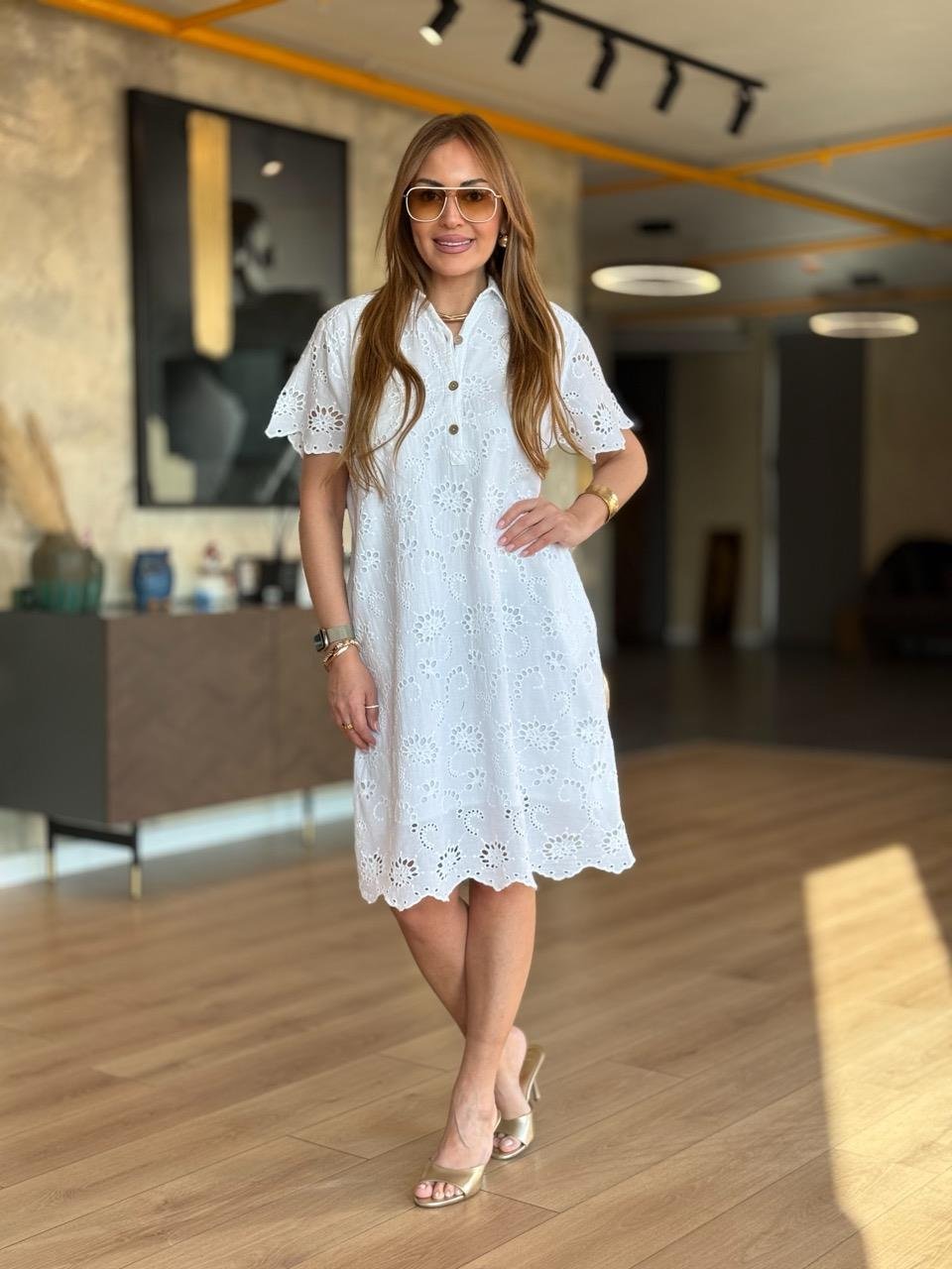 Lined Cotton Dress With Scalloped Front Neckline