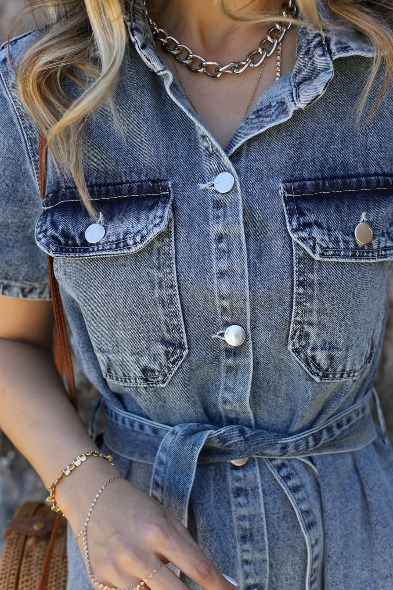 Women Short Sleeve Belted Button Down Denim Shirt Dress