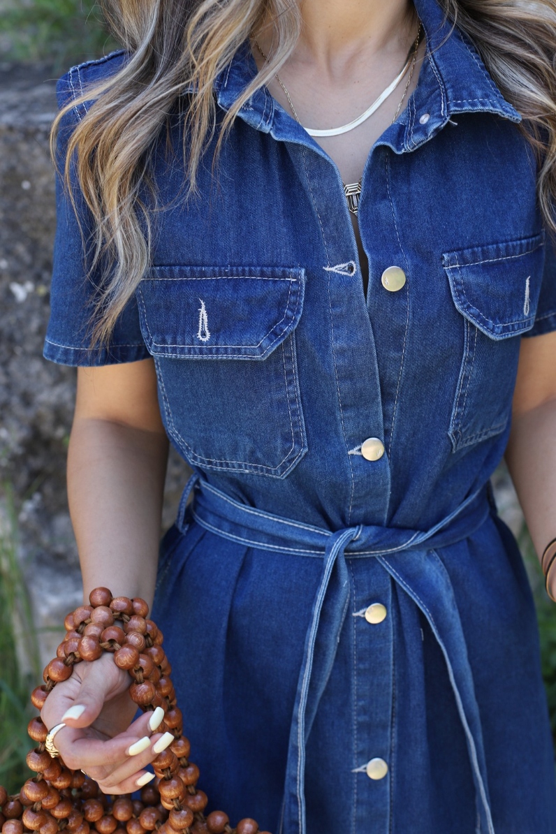 Women Short Sleeve Belted Button Down Denim Shirt Dress