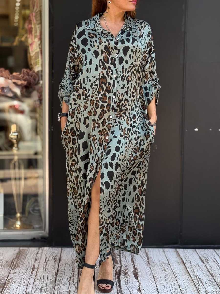 Leopard Print Satin Shirt Dress