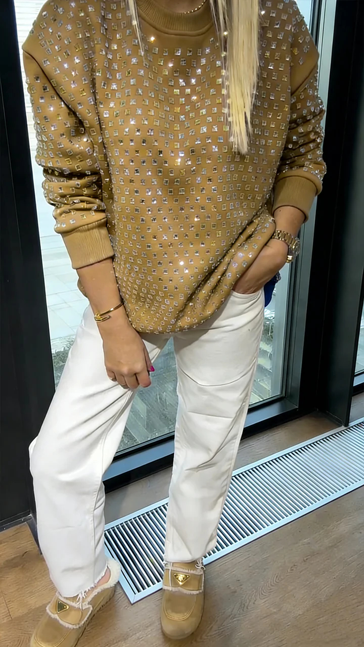 Women's Crew Neck Rhinestone Casual Sweatshirt