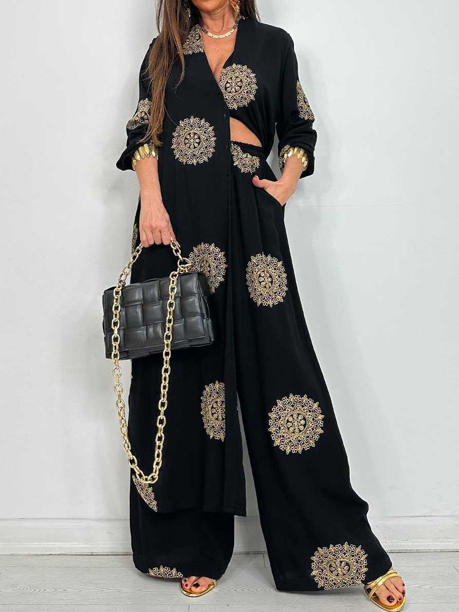 Embroidered Shirt Midi Top And Wide-Leg Pants Set