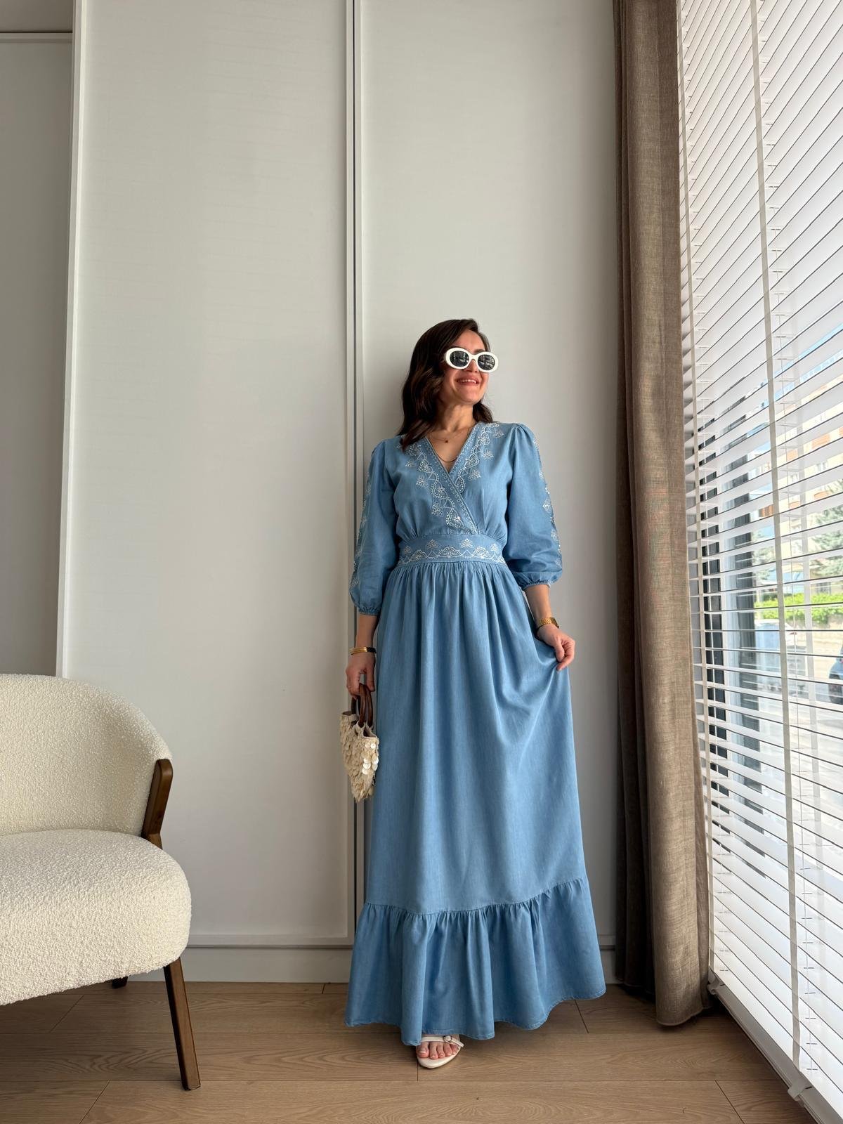 Blue Double Breasted Sequined Dress with Elastic Back