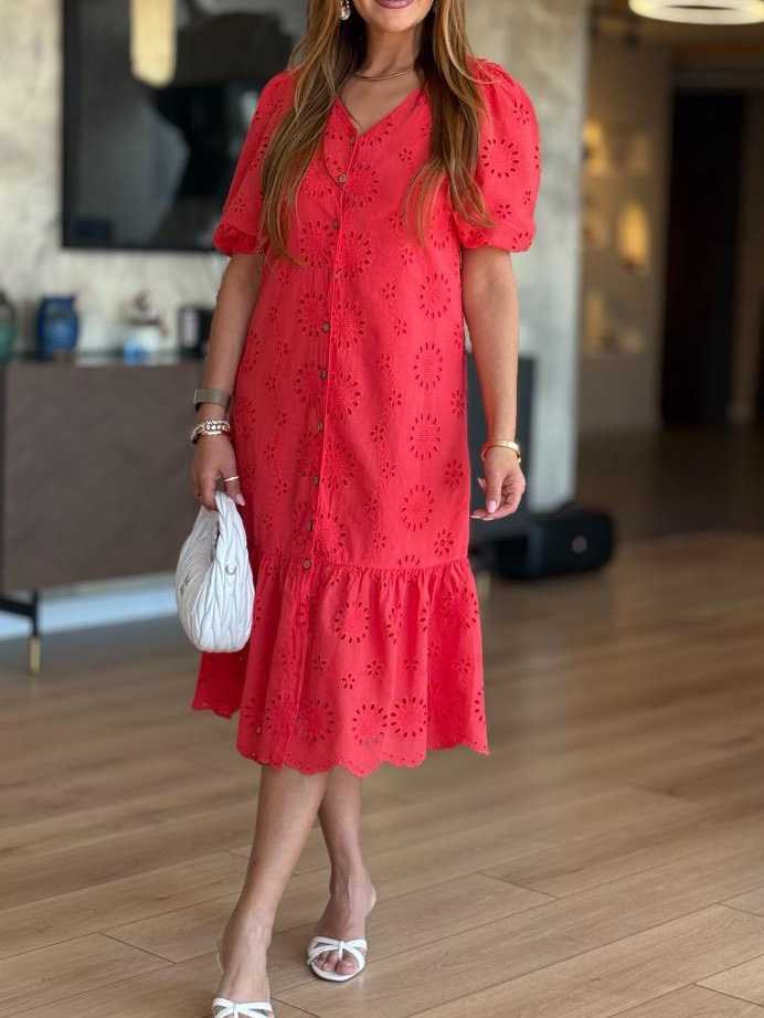 Button Front Lined Lace Dress