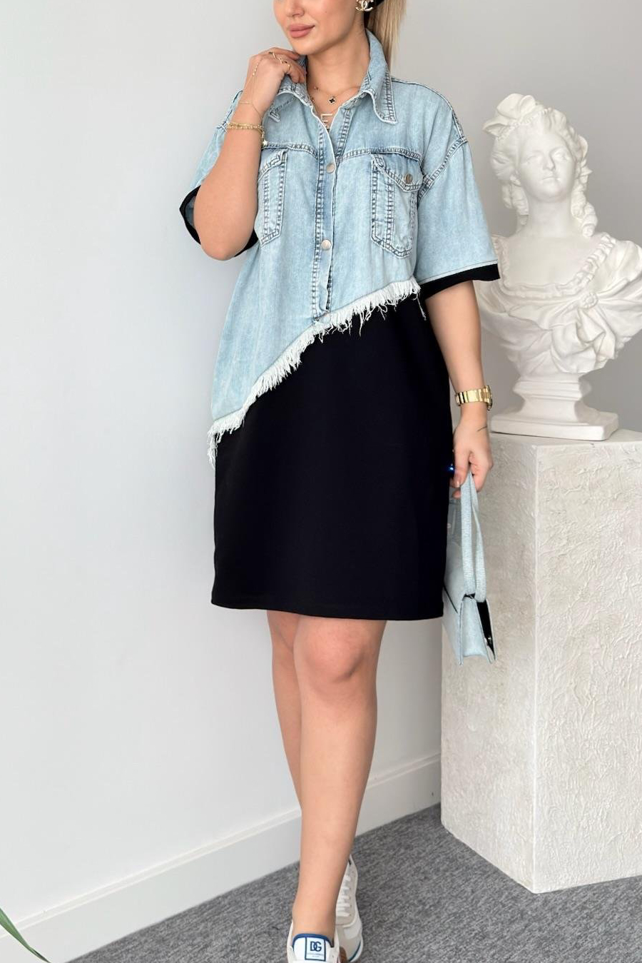 Chic Oversized Two-Tone Denim and Black Dress