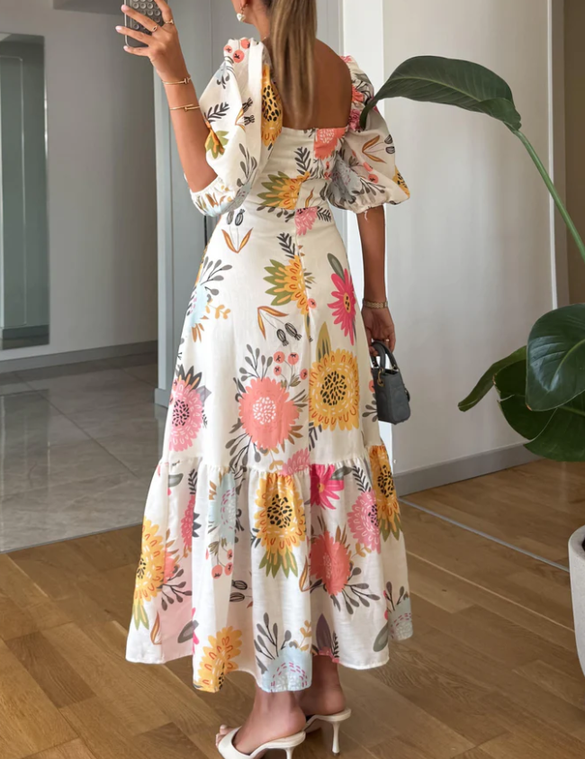 Square Neck Floral Print Puff Sleeve Midi Dress