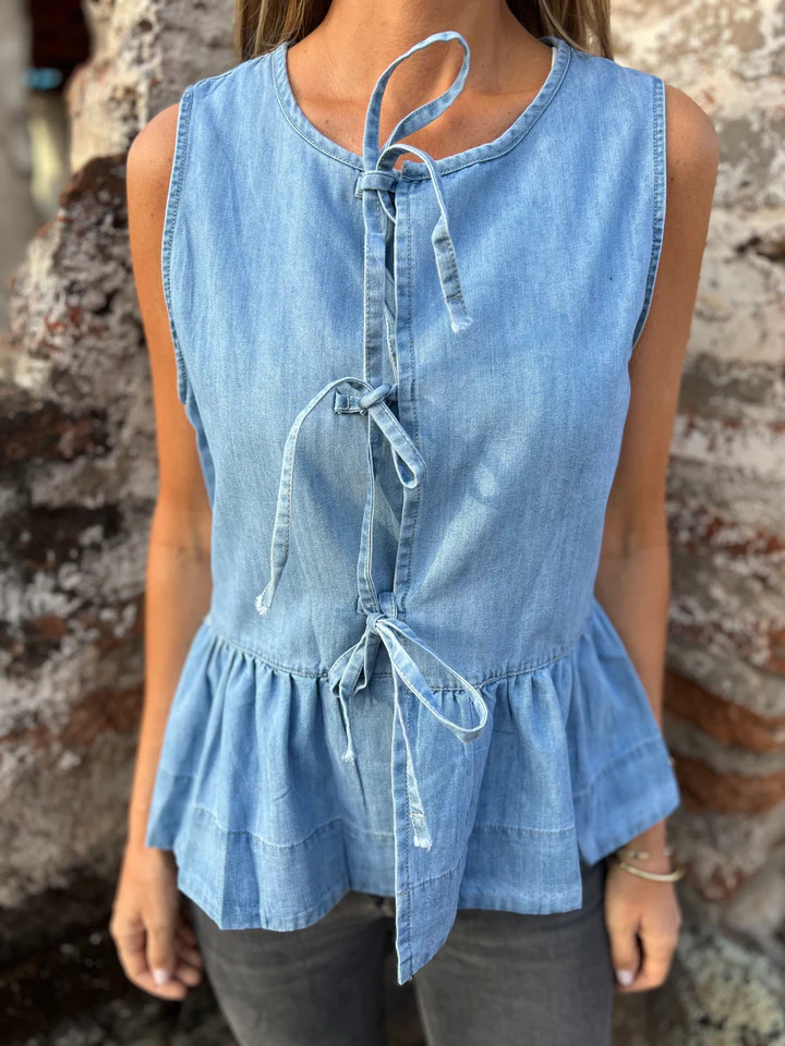 Lady's Denim Round Neck Sleeveless Vest