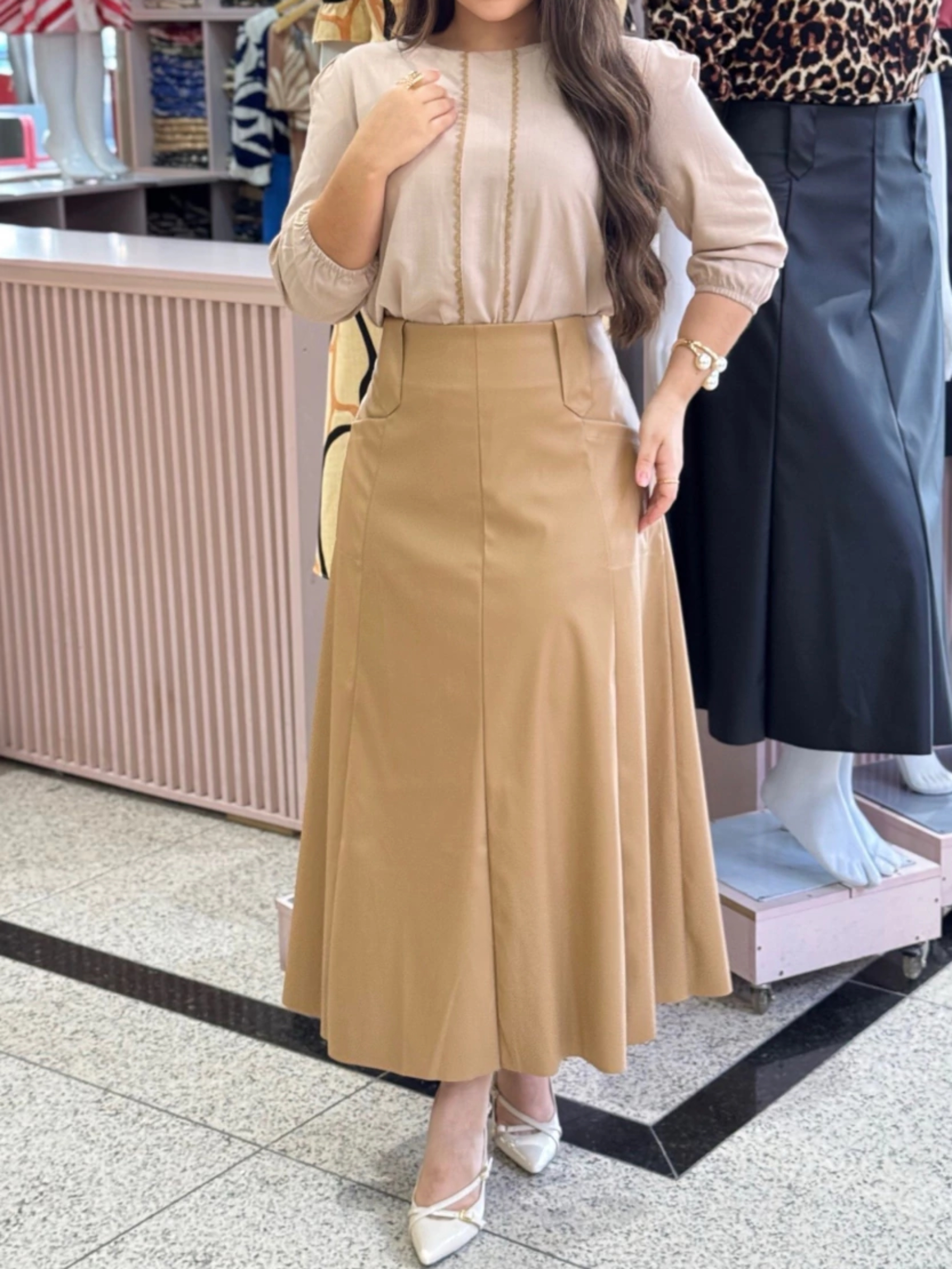 Faux Leather A-Line Midi Skirt And Lace Shirt Set