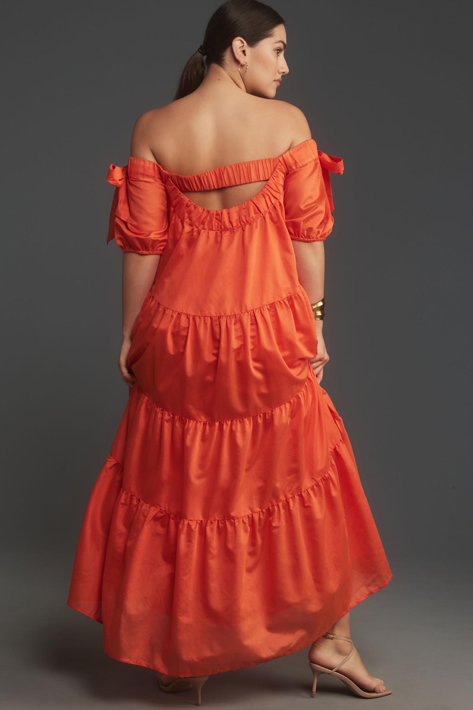 The-Shoulder Tiered High-Low Midi Dress