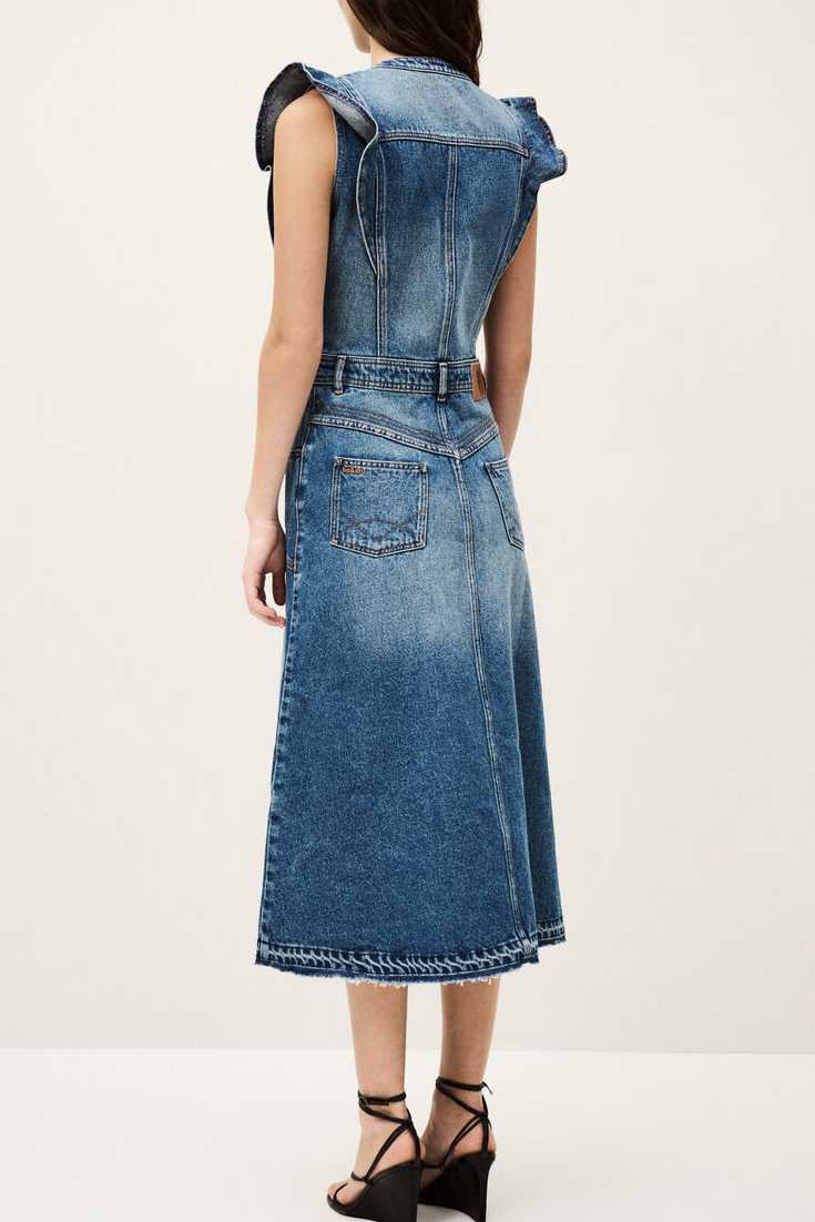 Ruffle Sleeve A-Line Midi Denim Dress