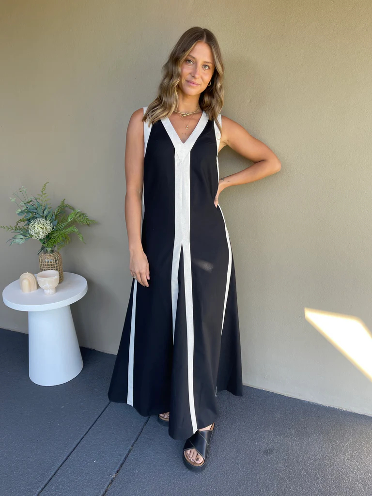  V neckline Beige trim panels Maxi Dress