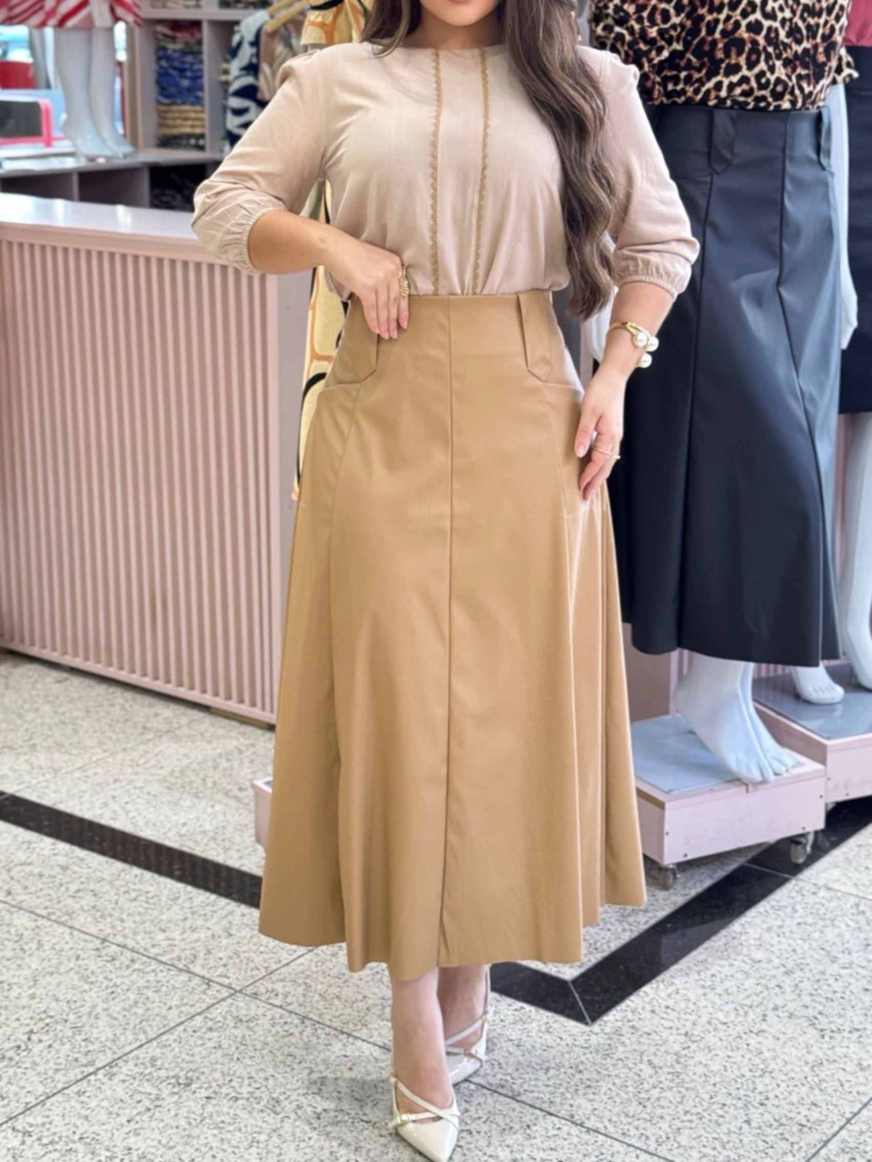 Faux Leather A-Line Midi Skirt And Lace Shirt Set
