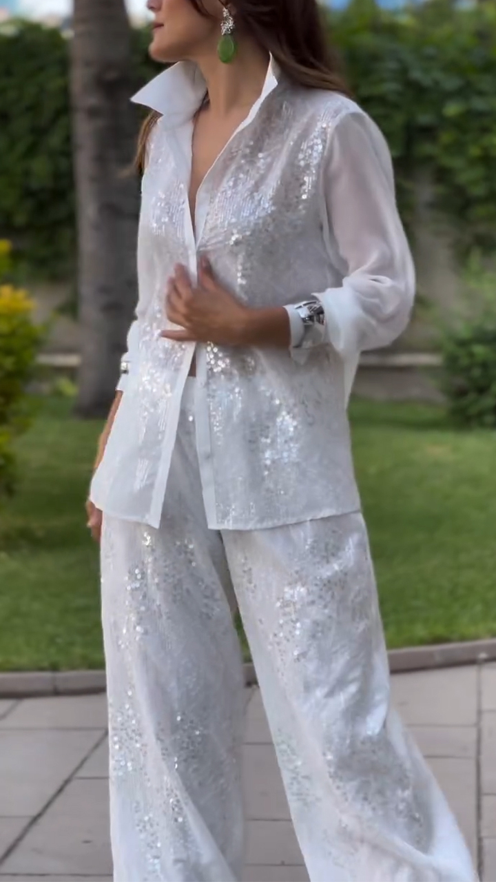 Ladies' Collar Sequin Temperament Casual Set