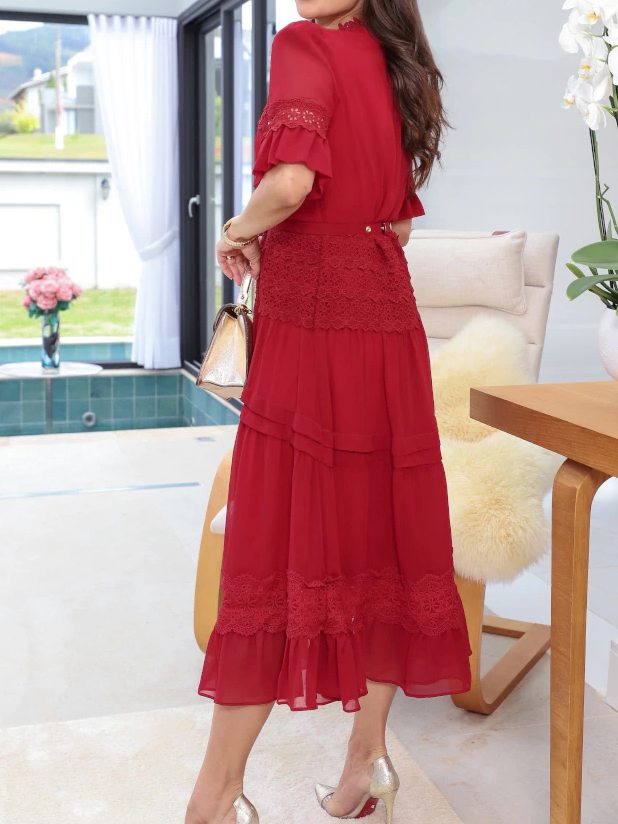 Flowy Chiffon Midi Dress with Delicate Lace Detailing