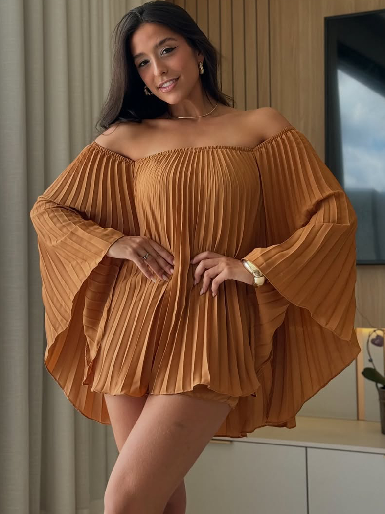 Women's Pleated Off-the-Shoulder Top and Shorts Set