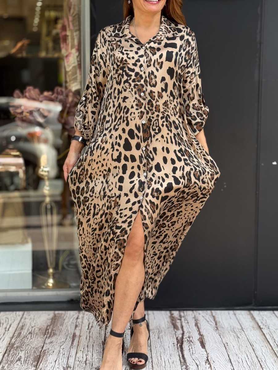 Leopard Print Satin Shirt Dress