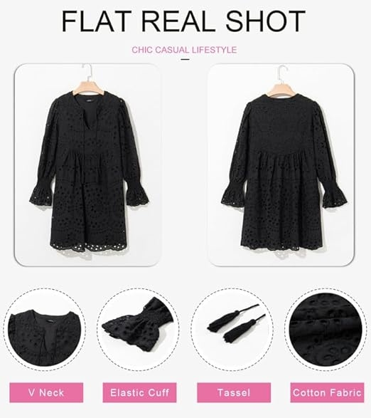 Tassel V Neck Long Sleeve A Line Hollow Out Lace Ruffle Dresses