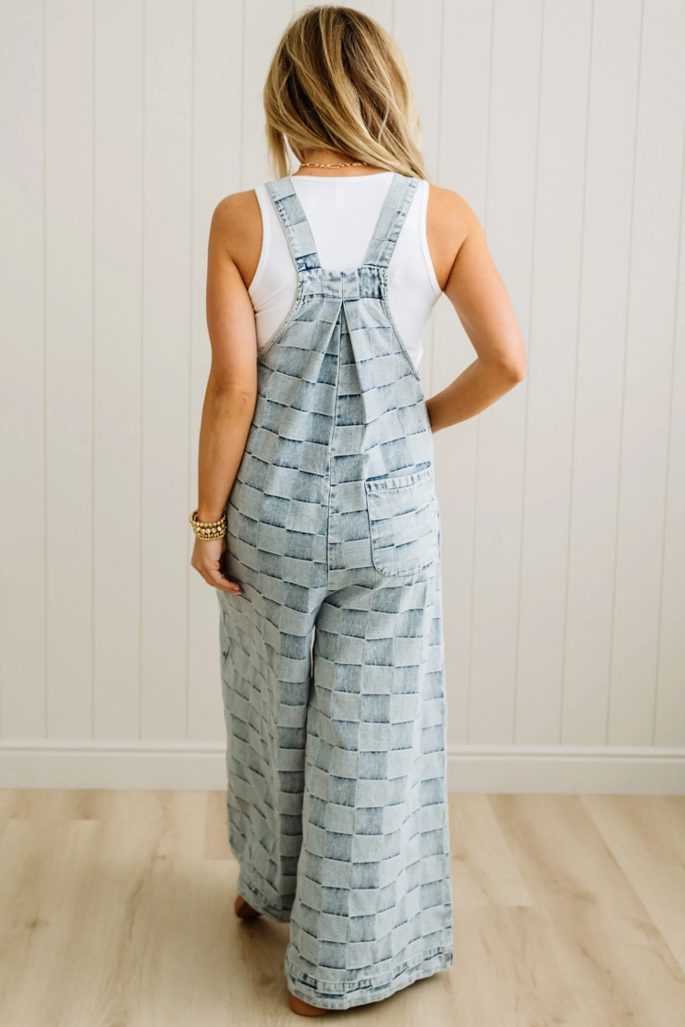 Checked Denim Wide Leg Overalls