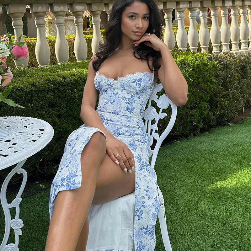 Floral Slip Dress Sexy High Slit Summer Beach Dress 