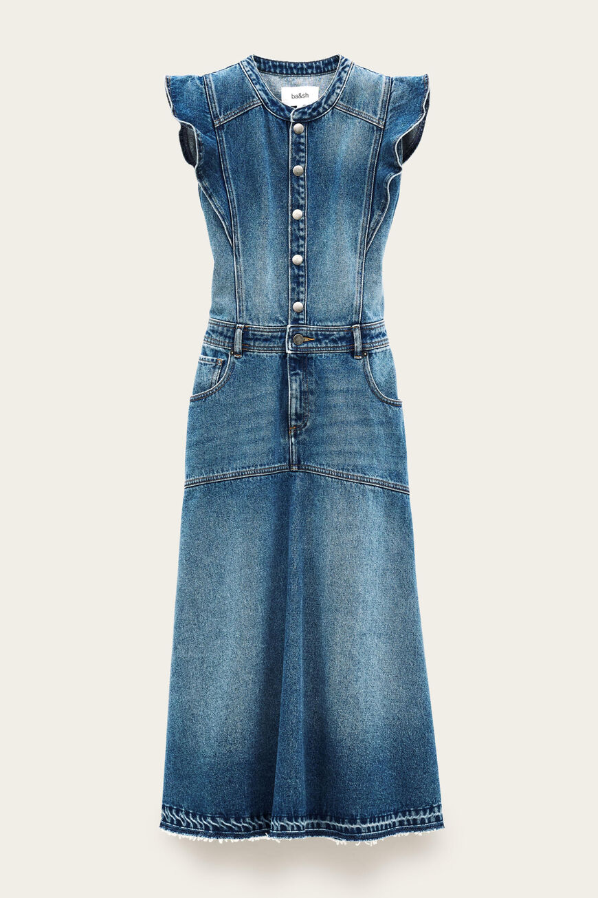 Ruffle Sleeve A-Line Midi Denim Dress