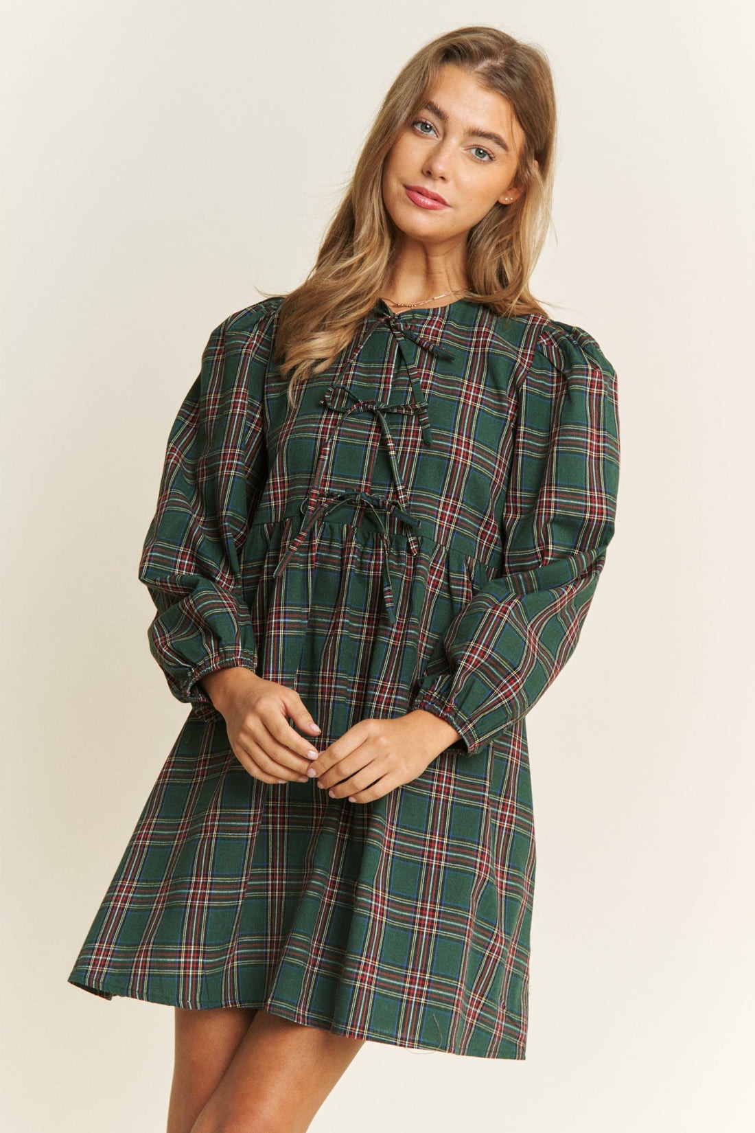 Women's Plaid Print Frilly Collar Long Sleeve Mini Dress