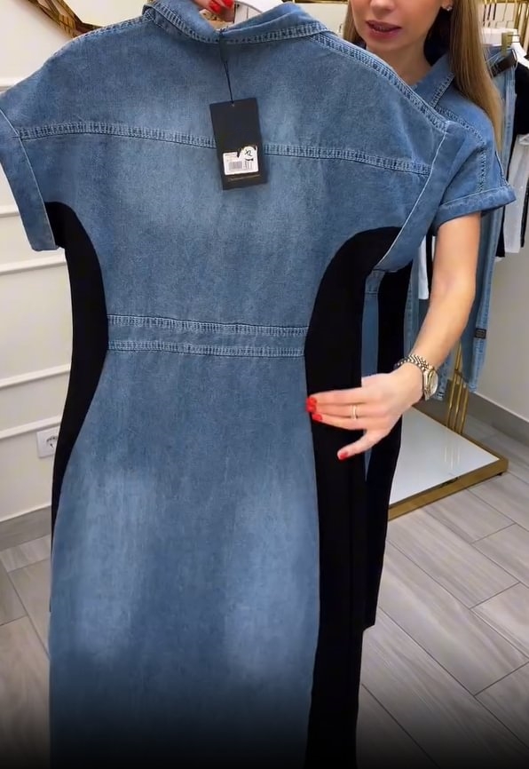 Contrast Color Waist Button-Decorated Denim Dress