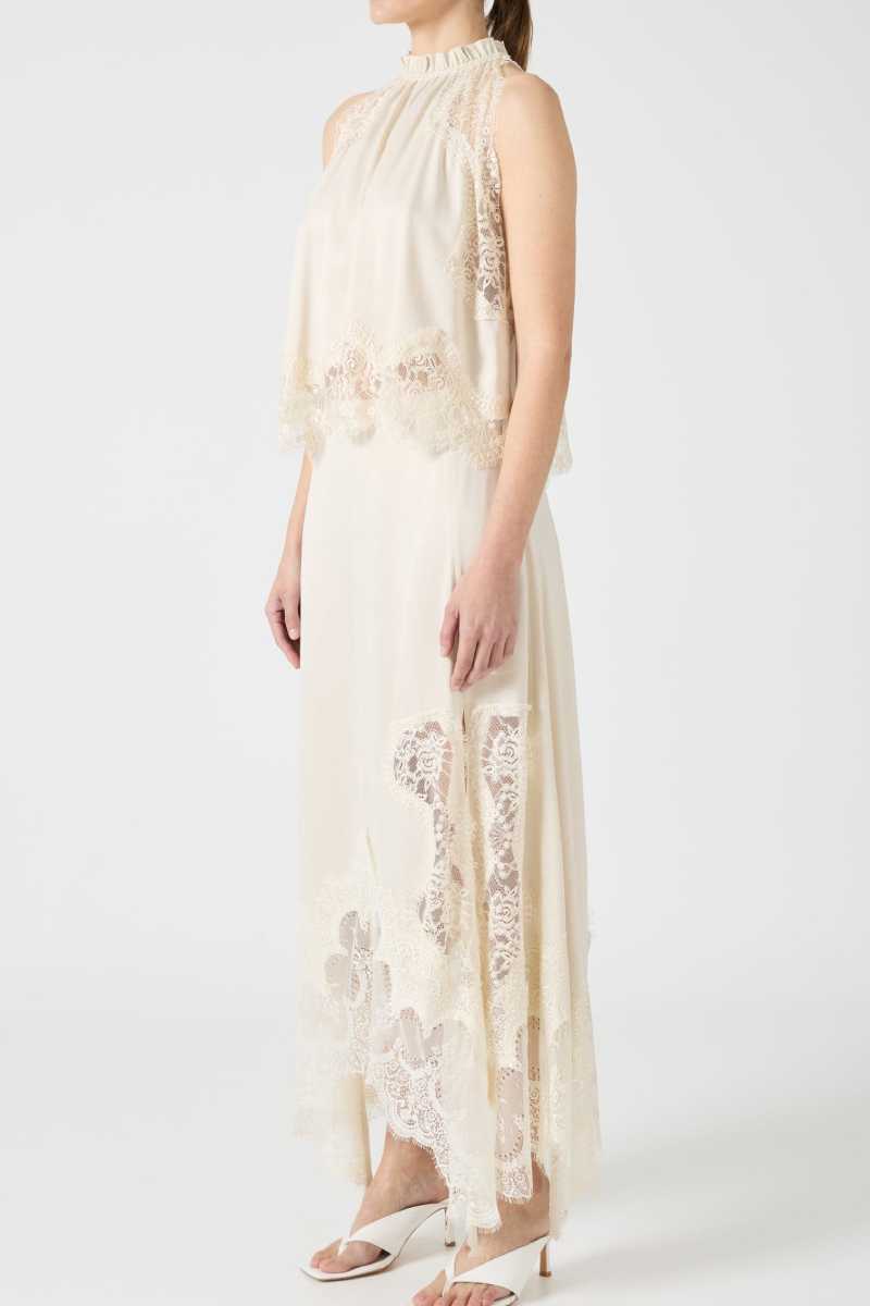 Lace Trim Midi Skirt Set with Sleeveless Halter Neck Top