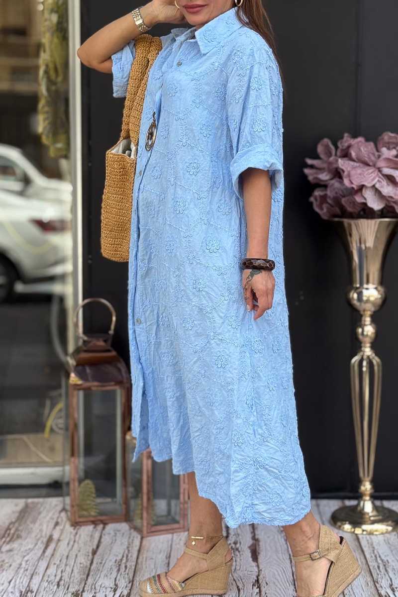 Embossed Floral Detailed Full Length Cotton Shirt Dress