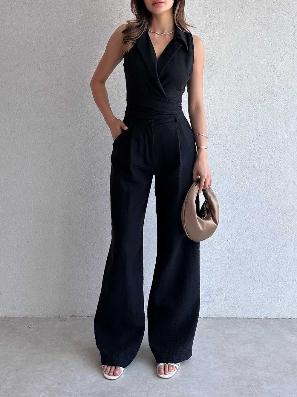 Sleeveless Wrap Top and Wide-Leg Pants Casual Suit